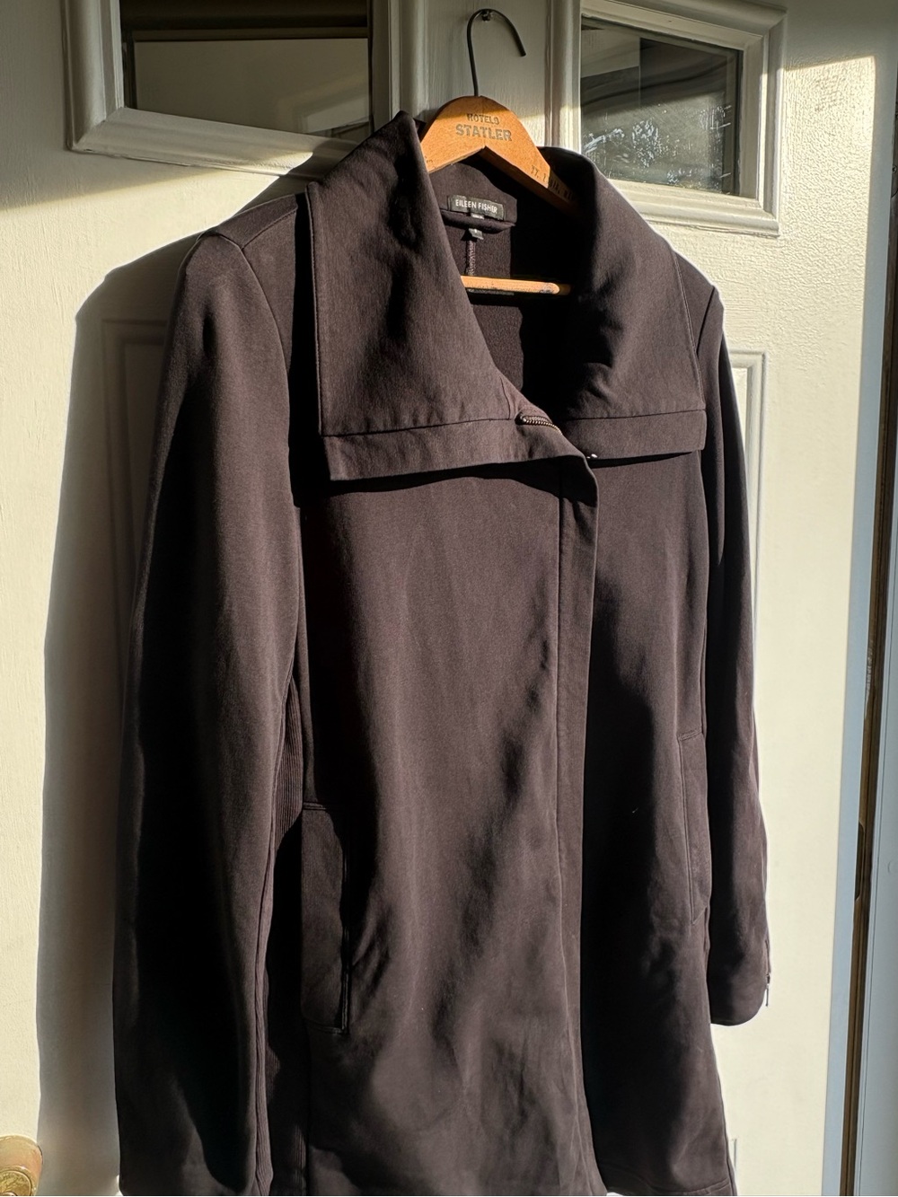 Eileen Fisher Black Asymmetrical Zip Jacket Size S Funnel Collar Cotton Stretch
